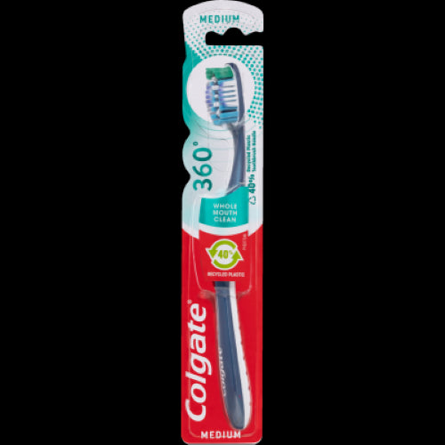 Colgate 360 Whole Mouth Clean Medium Toothbrush with multi-height bristles and tongue cleaner for optimal oral hygiene.