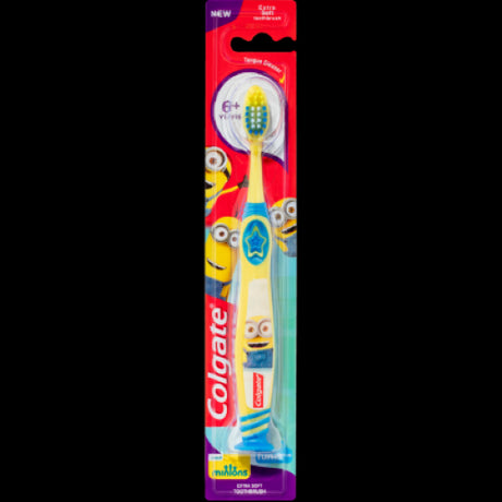 Colgate Youth Extra Soft Toothbrush for kids 6+, features ultra-soft bristles, tongue cleaner, thumb grip, and fun designs.