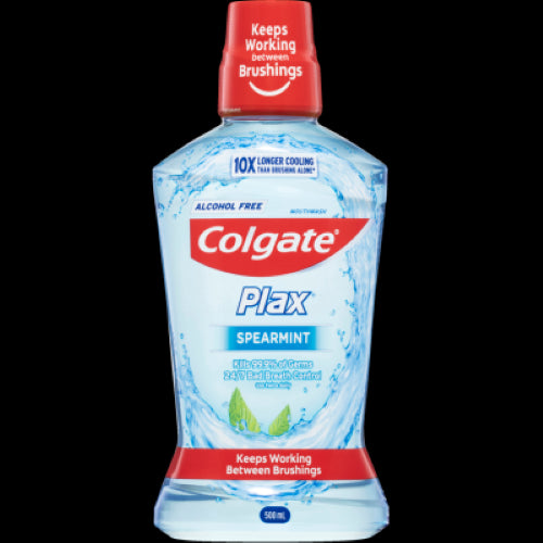 Colgate Plax Spearmint Mouthwash 500ml offers alcohol-free, long-lasting freshness and 24/7 bad breath control.