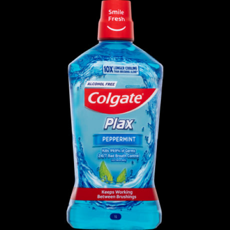 Colgate Plax Peppermint Alcohol Free Mouthwash 1L, designed for fresh breath and effective germ killing without alcohol.