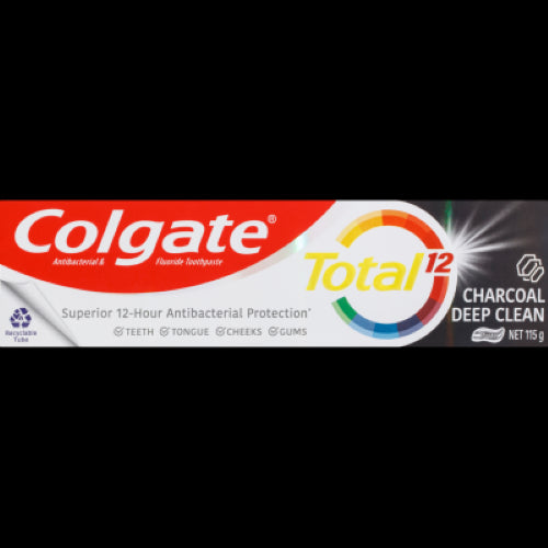 Colgate Total Charcoal Deep Clean Toothpaste, 115g, offers antibacterial protection and plaque removal for a brighter smile.