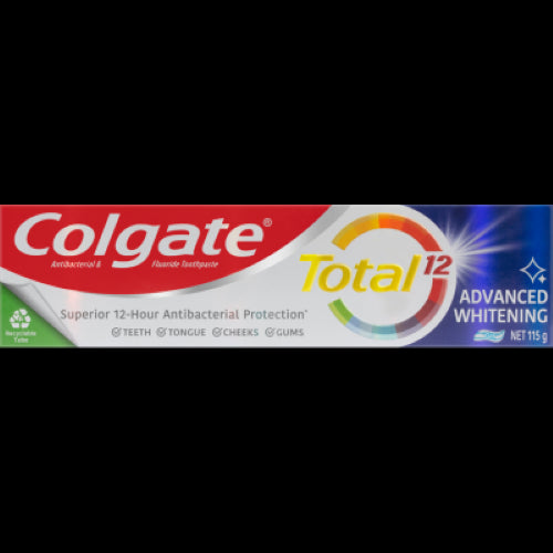 Colgate Total Advanced Whitening Toothpaste 115g for improved oral health, whitening, and protection against plaque and cavities.