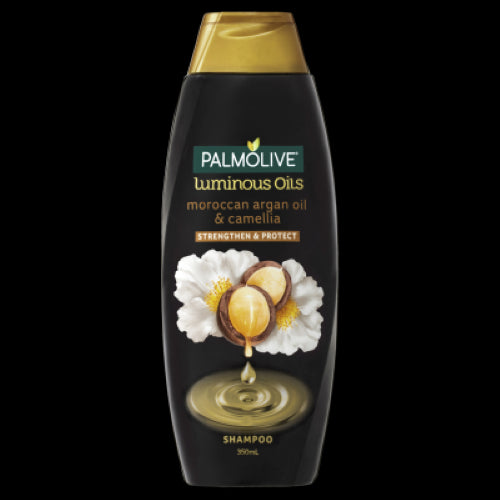 Palmolive Luminous Oils shampoo with Moroccan argan oil and camellia for strong, shiny, and healthy hair in a 350ml bottle.