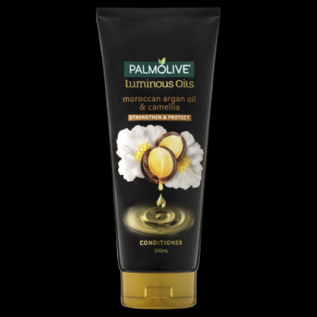 Palmolive Luminous Oils Conditioner with Argan Oil & Camellia in a 350ml bottle, promotes strong, shiny, and fragrant hair.