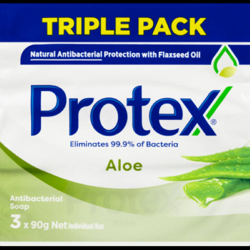 Protex Antibacterial Bar Soap with Aloe, 3-pack, offers gentle, effective cleansing and hydration while eliminating 99.9% of bacteria.