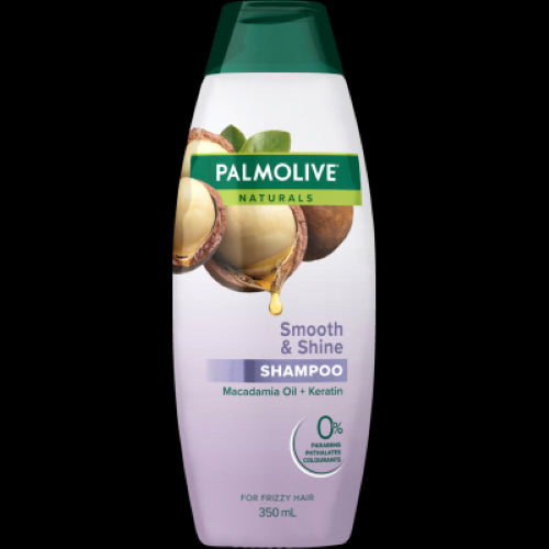 Palmolive Naturals Smooth & Shine Shampoo with Macadamia Oil and Keratin for sleek, glossy, frizz-free hair in a 350ml bottle.