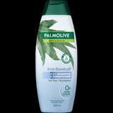 Palmolive Naturals 2 in 1 Shampoo & Conditioner with Tea Tree and Eucalyptus for dandruff-free, revitalized hair in a 350ml bottle.