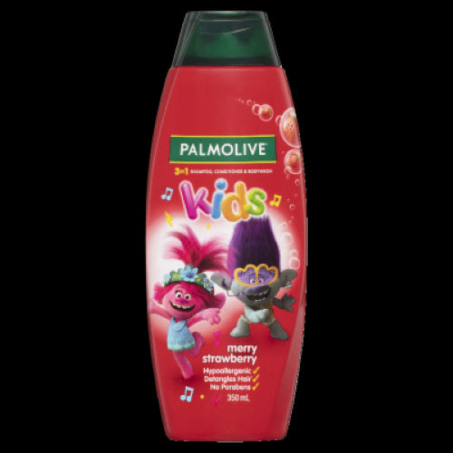 Palmolive Kids 3 in 1 Strawberry Shampoo 350ml, a hypoallergenic bath product for gentle cleansing with a fruity scent.