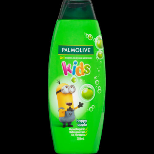 Palmolive Kids Minions 3 In 1 shampoo, conditioner, and bodywash with a vibrant design, hypoallergenic formula, and fresh apple scent.