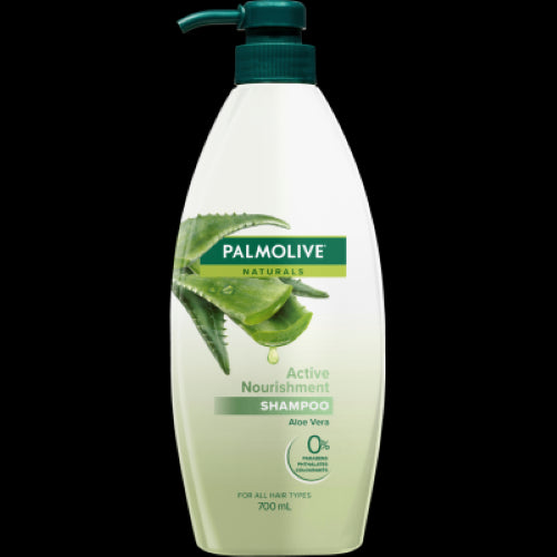 Palmolive Naturals Aloe Vera Shampoo 700ml in a pump bottle, nourishing hair with natural aloe and a fruity fragrance.