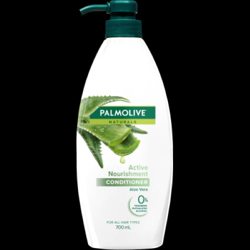 Palmolive Naturals Active Aloe Nourishment Conditioner in a 700ml pump, enriched with natural aloe vera and fruity fragrances.