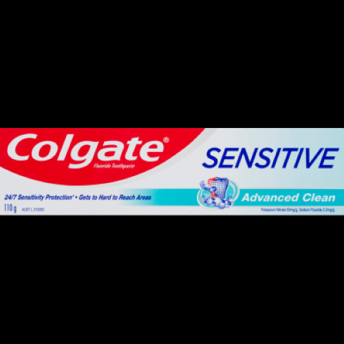 Colgate Sensitive Advanced Clean Toothpaste 110g for tooth sensitivity relief, featuring micro-foam technology for deep cleaning.