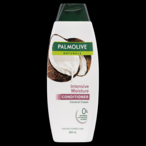 Palmolive Naturals Intense Moisture Conditioner with coconut extract, hydrates dry hair for softness and manageability.