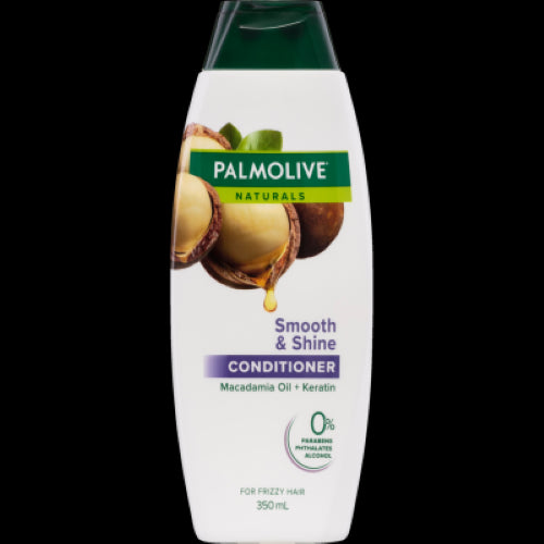 Palmolive Naturals Smooth & Shine Conditioner with macadamia oil for frizz control and glossy, manageable hair in 350ml.