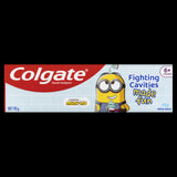 Colgate Kids Minions Mild Mint Gel Toothpaste for ages 6+, featuring fun Minions designs and cavity protection.