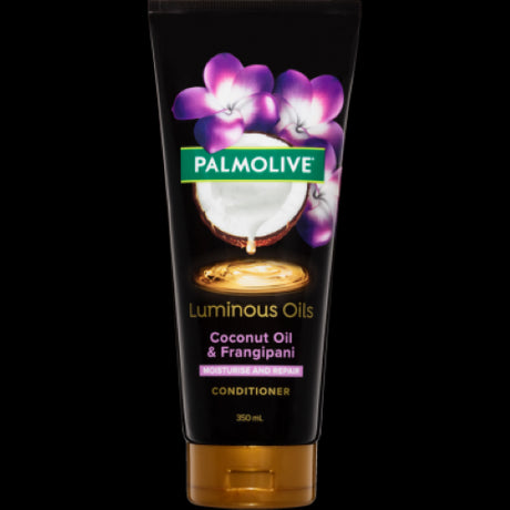 Palmolive Luminous Oils Coconut & Frangipani Conditioner, 350ml for moisturizing and repairing tired, damaged hair with a delightful scent.