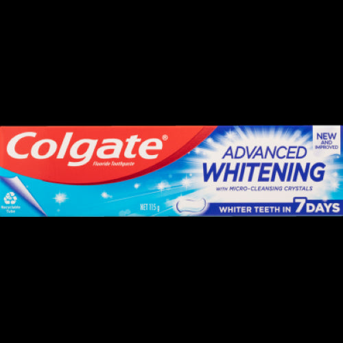 Colgate Advanced Whitening Toothpaste 115g, featuring Micro-Cleansing Crystals for whiter teeth and strong enamel in 7 days.