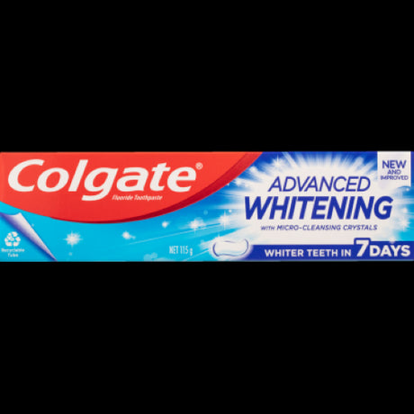 Colgate Advanced Whitening Toothpaste 115g, featuring Micro-Cleansing Crystals for whiter teeth and strong enamel in 7 days.