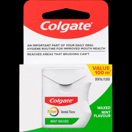 Colgate Total Mint Waxed Dental Floss 100m, designed for smooth cleaning, gum protection, and fresh mint flavor.