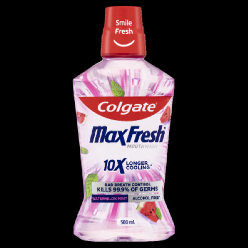 Colgate Max Fresh Watermelon Mint Mouthwash 500ml offers refreshing flavor and antibacterial protection for lasting freshness.