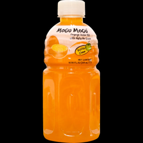 Mogu Mogu Orange Juice with Nata De Coco in 320ml pack, offering refreshing citrus flavor with unique chewy coconut jelly.