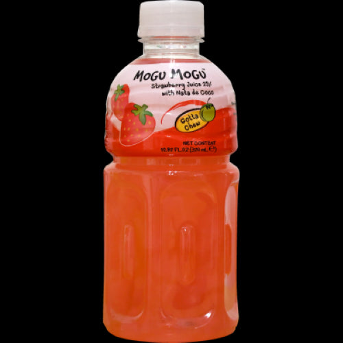 Mogu Mogu Strawberry Juice 320ml with chewy nata de coco, offering a refreshing, fruity taste and unique texture.
