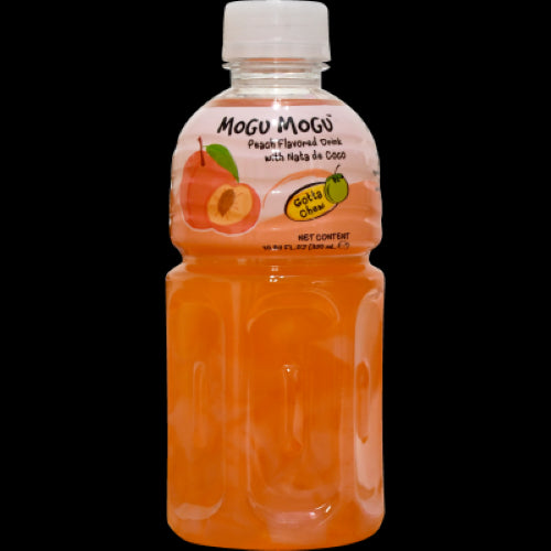 Mogu Mogu Peach Drink 320ml with chewy nata de coco, offering a refreshing fruity flavor and unique texture in every sip.