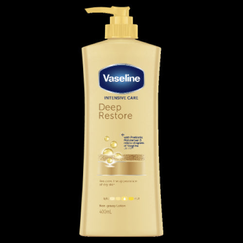 Vaseline Deep Restore Body Lotion 400ml, deeply hydrates dry skin with oat extract and micro-droplets of Vaseline jelly.