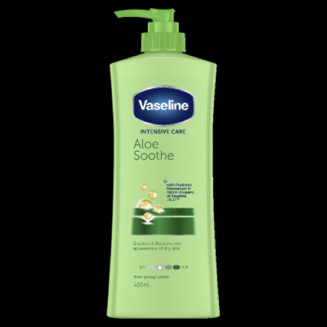 Vaseline Aloe Soothe Body Lotion 400ml, enriched with aloe vera for intense hydration and suitable for sensitive skin.