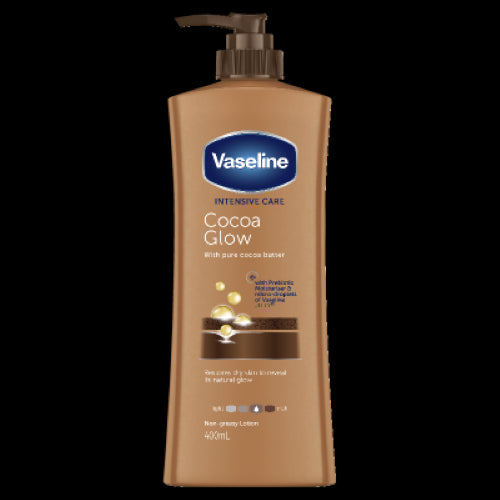 Vaseline Cocoa Glow Body Lotion 400ml, a hydrating moisturizer with Cocoa Butter for radiant, non-greasy skin.