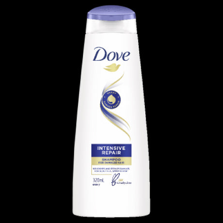 Dove Intensive Repair Shampoo 320ml revitalizes damaged hair with Keratin Repair Actives for strength and shine.