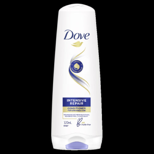 Dove Intensive Repair Conditioner 320ml, infused with Keratin, strengthens and revitalizes damaged hair for silky, healthy results.