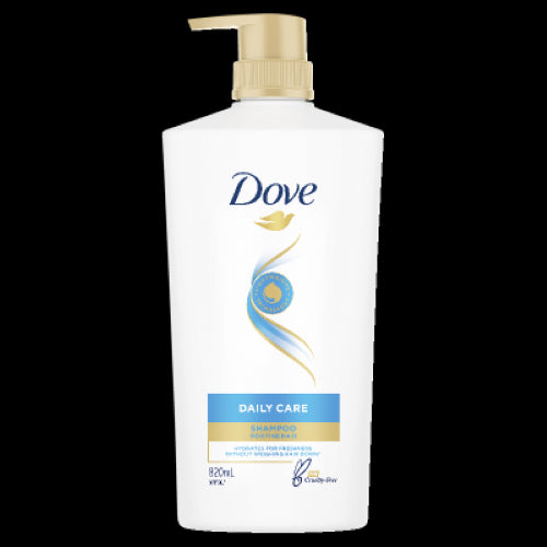 Dove Daily Care Shampoo 820ml, a nourishing cleanser for all hair types, promoting freshness and bounce with sustainable packaging.