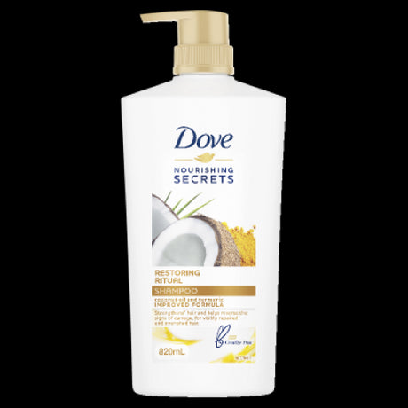 Dove Restoring Ritual Shampoo 820ml, enriched with coconut oil and turmeric, nourishes and repairs damaged hair for vibrant shine.