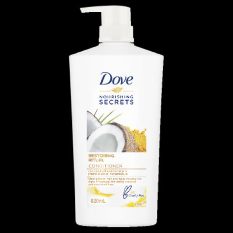 Dove Restoring Ritual Conditioner 820ml: Nourishing formula with coconut oil and turmeric, revitalizes damaged hair for softness and shine.