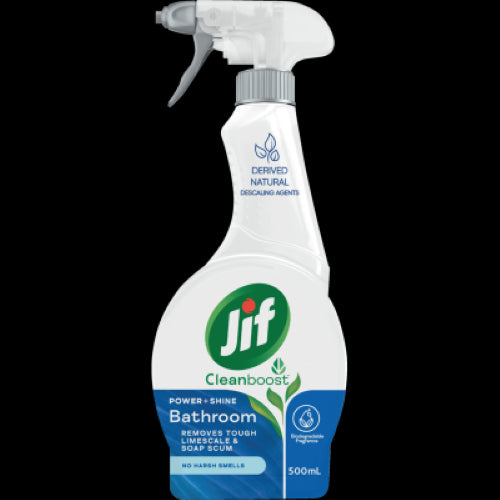 Jif Cleanboost Power & Shine Bathroom Cleaner 500ml, ideal for streak-free cleaning of tiles, glass, and fixtures.