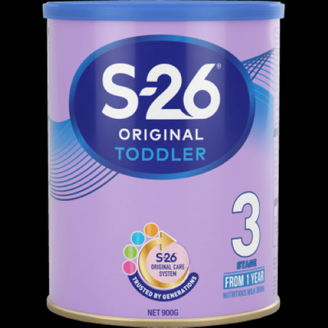 S-26 Original Toddler Stage 3 milk drink can, 900g, fortified with Omega 3, vitamins, and minerals for toddler nutrition.