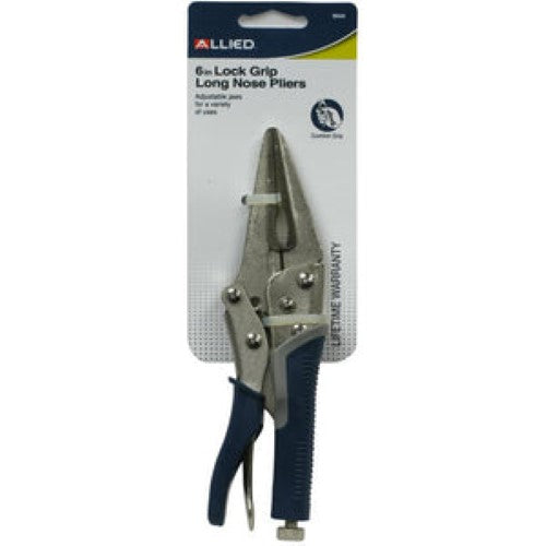 Long nose lock grip pliers with built-in cutter, nickel-plated finish, and adjustable knob for precise pressure.