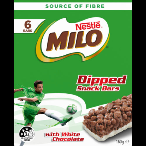 Nestle Milo Dipped Snack Bars with creamy white chocolate, combining Milo cereal and fiber for a tasty on-the-go treat.