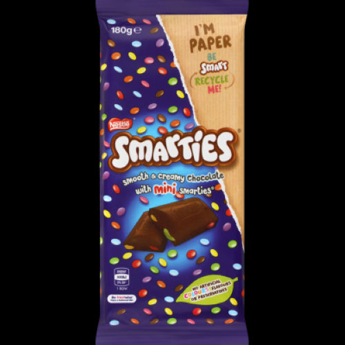 Nestle Smarties Milk Chocolate Block, 180g, features creamy milk chocolate with colorful mini Smarties in a crispy shell.