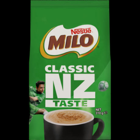 Nestle Milo Chocolate Malt Powder 310g bag, a nutritious low GI drink with 8 vitamins, perfect hot or cold for all ages.