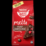 Nestle Bakers' Choice Delightful Dark Choc Melts packaging featuring rich dark chocolate melts for baking and decorating.