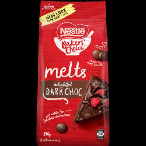 Nestle Bakers' Choice Dark Choc Melts 290g, premium melts for baking and decorating, made with sustainable cocoa.