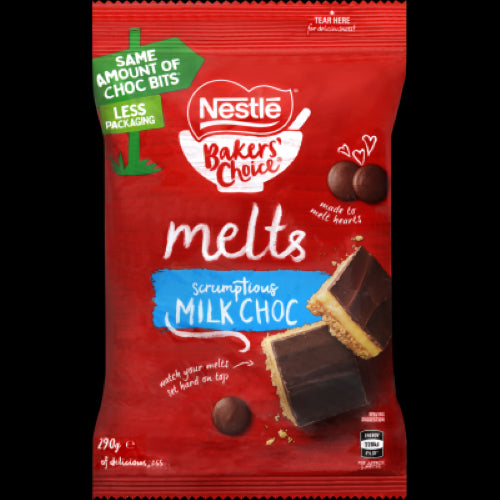 Nestle Bakers' Choice Milk Choc Melts 290g, premium melting chocolate for baking, ideal for decorations and versatile culinary creations.