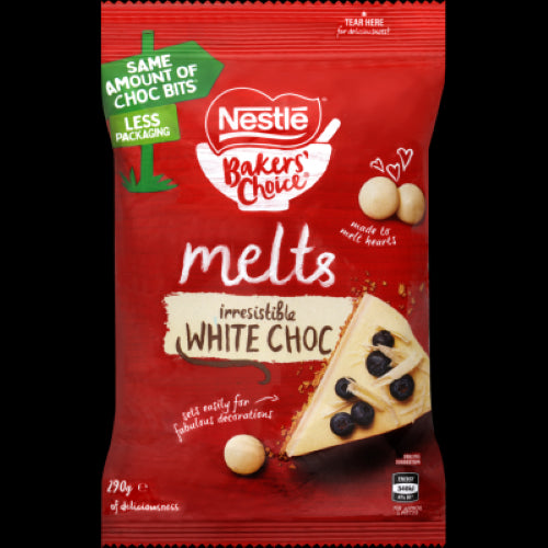 Nestle Bakers' Choice White Choc Melts 290g, perfect for quick-setting chocolate creations and versatile baking projects.