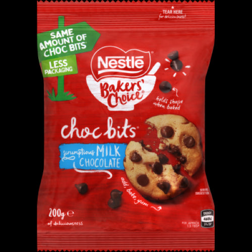 Nestle Bakers' Choice Milk Choc Bits 200g, premium milk chocolate morsels for baking with 22% cocoa, sustainable and versatile.