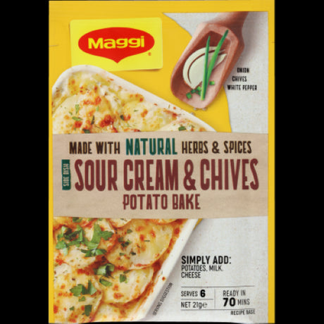 Maggi Side Dish Sachet for creamy Sour Cream & Chives Potato Bake, made with natural herbs and no artificial flavors.