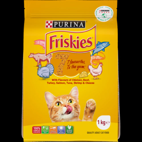 Purina Friskies 7 Favourites dry cat food in 1kg, featuring seven flavors for a healthy, balanced diet and active lifestyle.