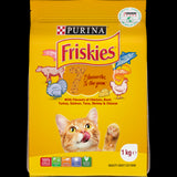 Purina Friskies 7 Favourites dry cat food in 1kg, featuring seven flavors for a healthy, balanced diet and active lifestyle.