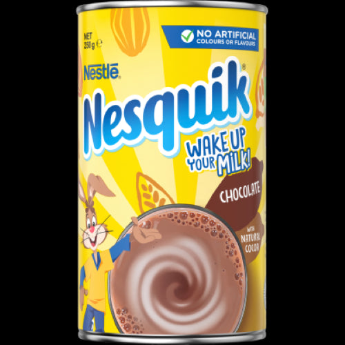 Nestle Nesquik Instant Drink Chocolate Tin 250g, delightfully transforms milk into a creamy, nutritious chocolate drink for kids.